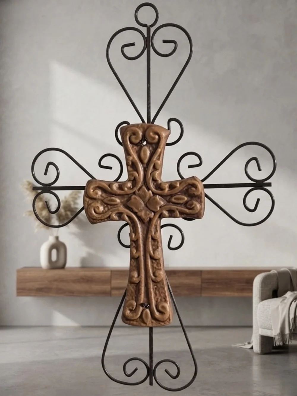 Brown Ceramic Cross over Blake Metal cross. Wall Cross Decor